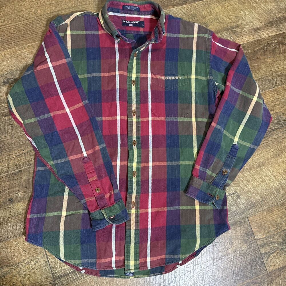Vintage Polo Sport Ralph Lauren Shirt Men XL Plaid Cotton Flannel Overshirt Work